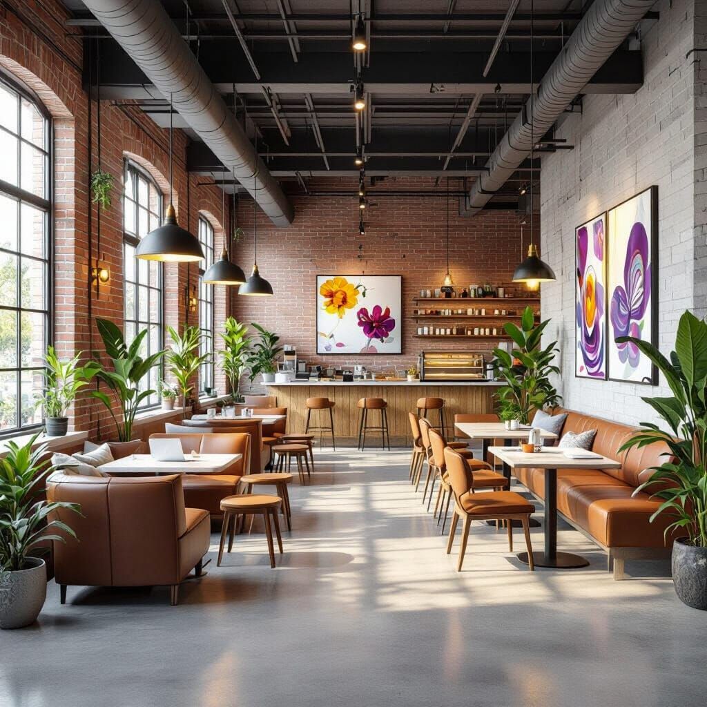 Modern Industrial Cafeteria With Lush Plants and Art