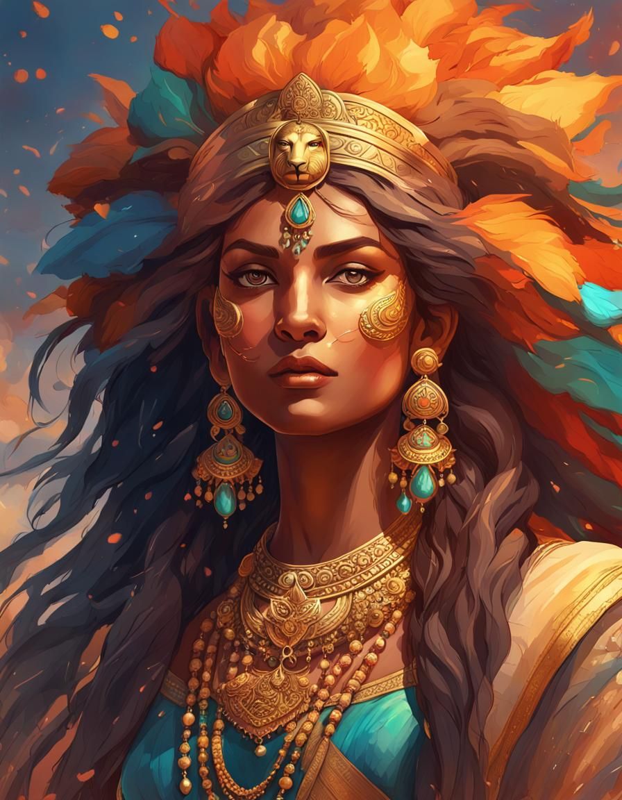 Indian Goddess with Lion, Detailed Concept Art