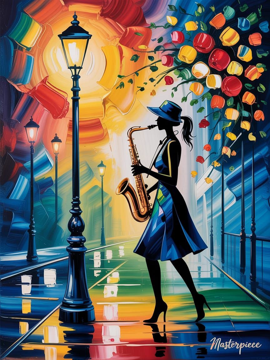 Night Saxophonist in Impasto Acrylic Painting