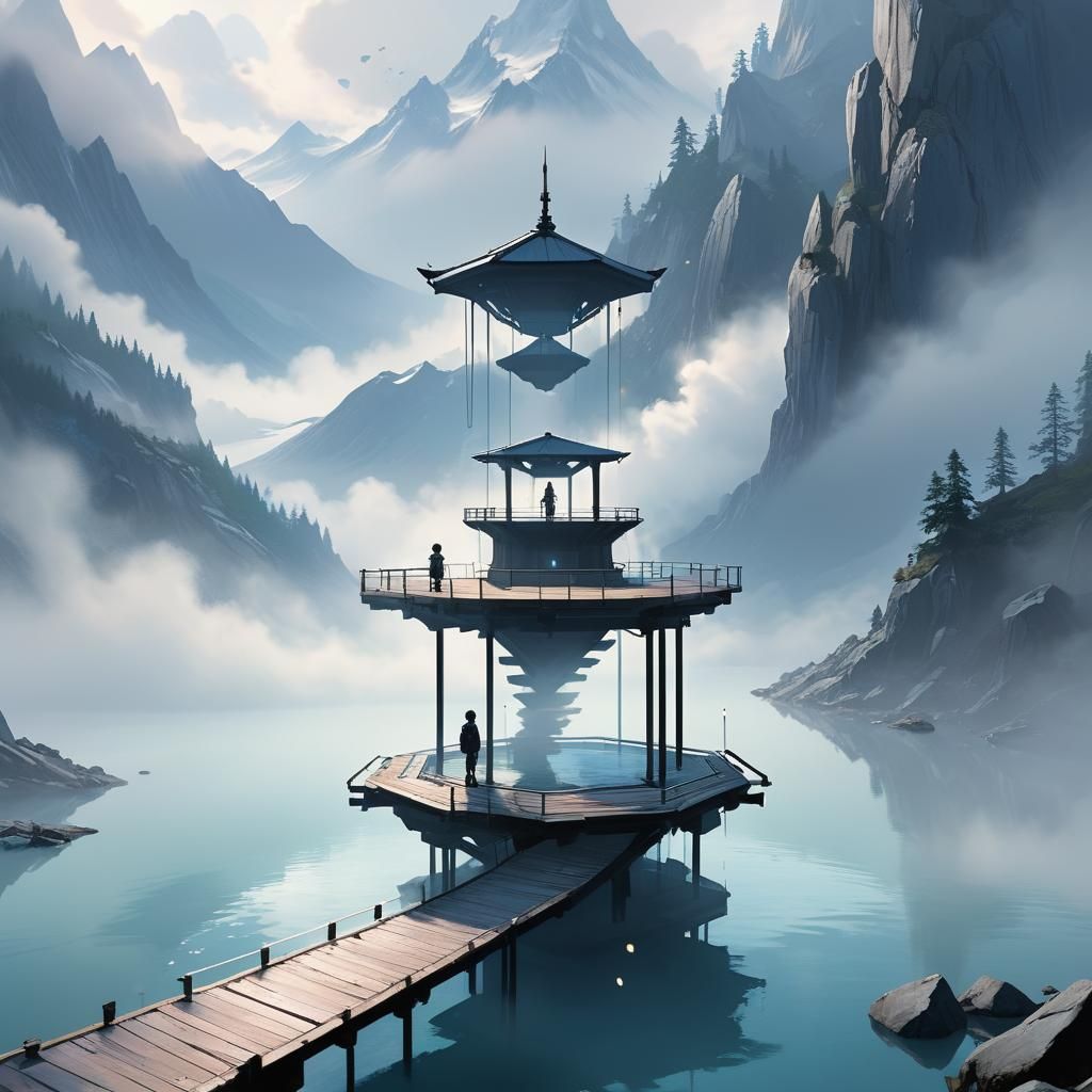 Mystical Alpine Lake Scene in Anime Style