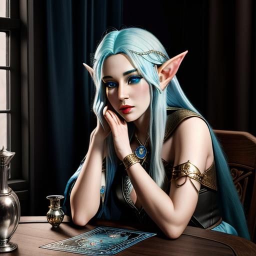 Elf Sorceress with Tarot Cards in Hyperrealism
