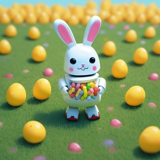 Easter Robot Bunny in Gouache Candyland