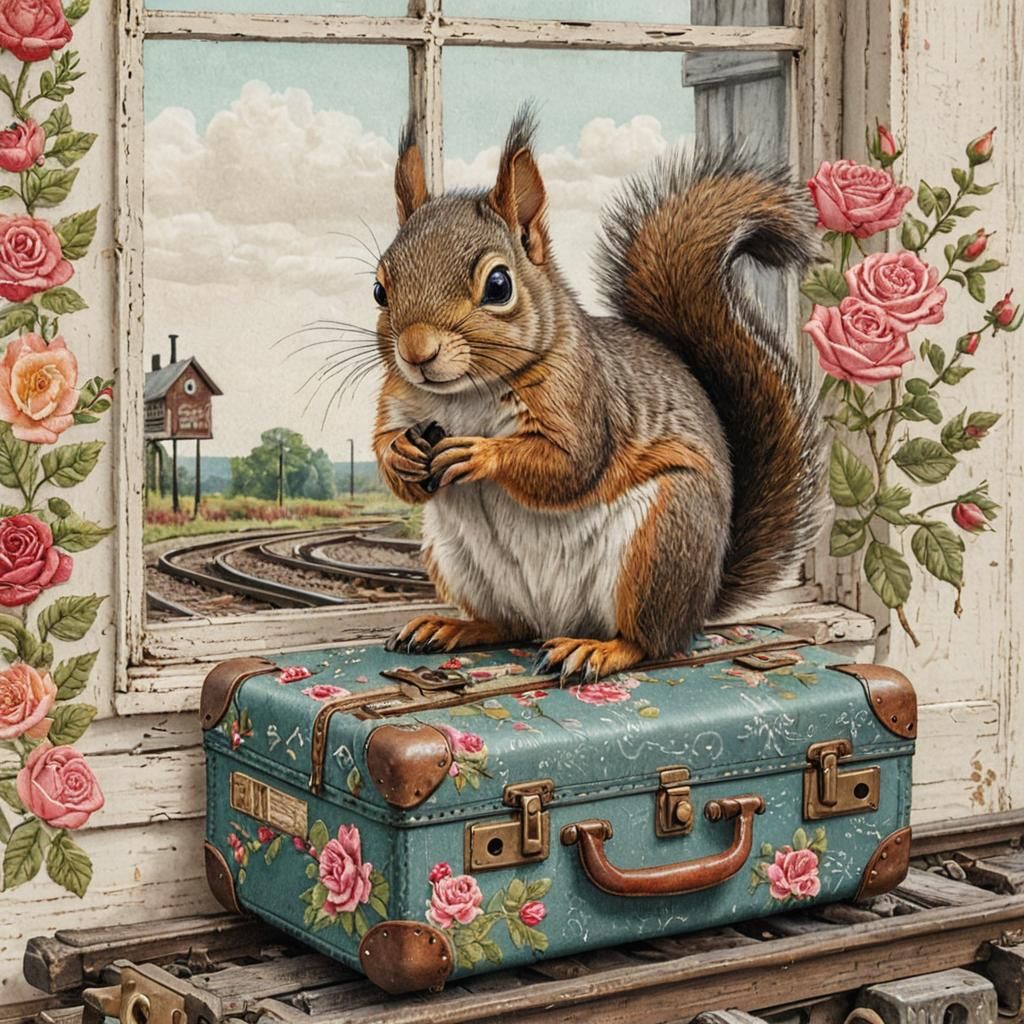 Squirrel in Train Car: Mixed Media Folk Art