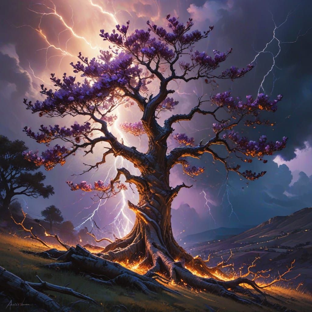 Surreal Magnolia Tree Illuminated by Dramatic Lightning