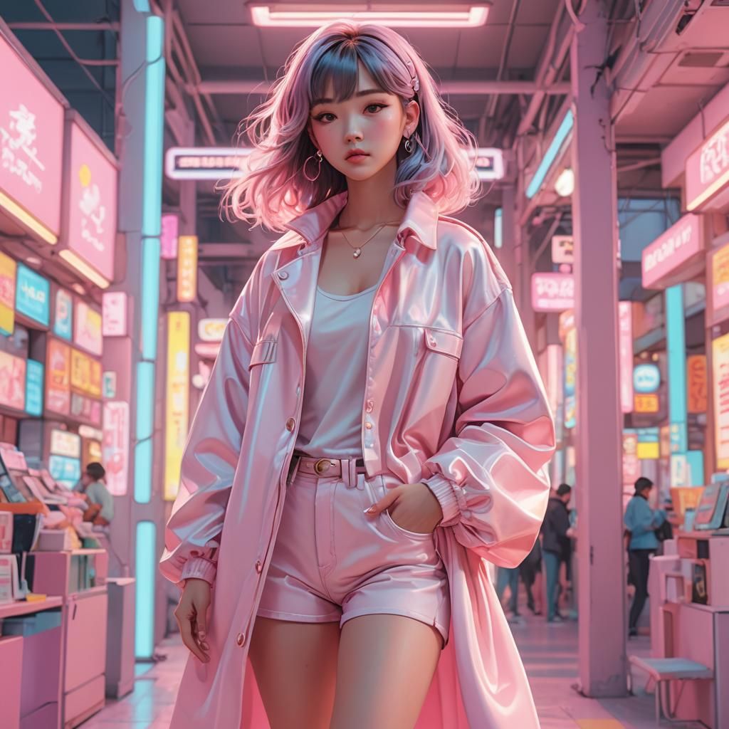 Beautiful Lady in 80s Pastel Neon Anime Art