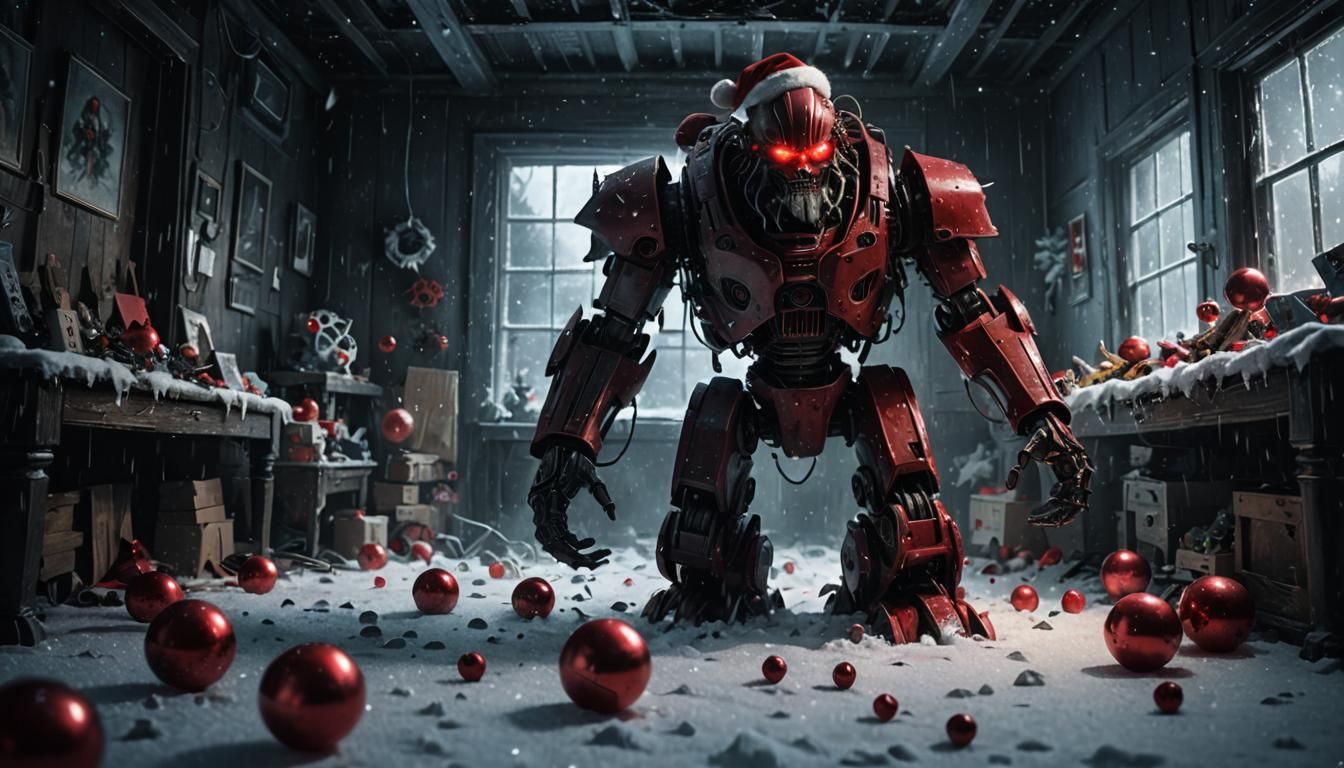 Evil Robot Santa Claus in Dark Fantasy Style