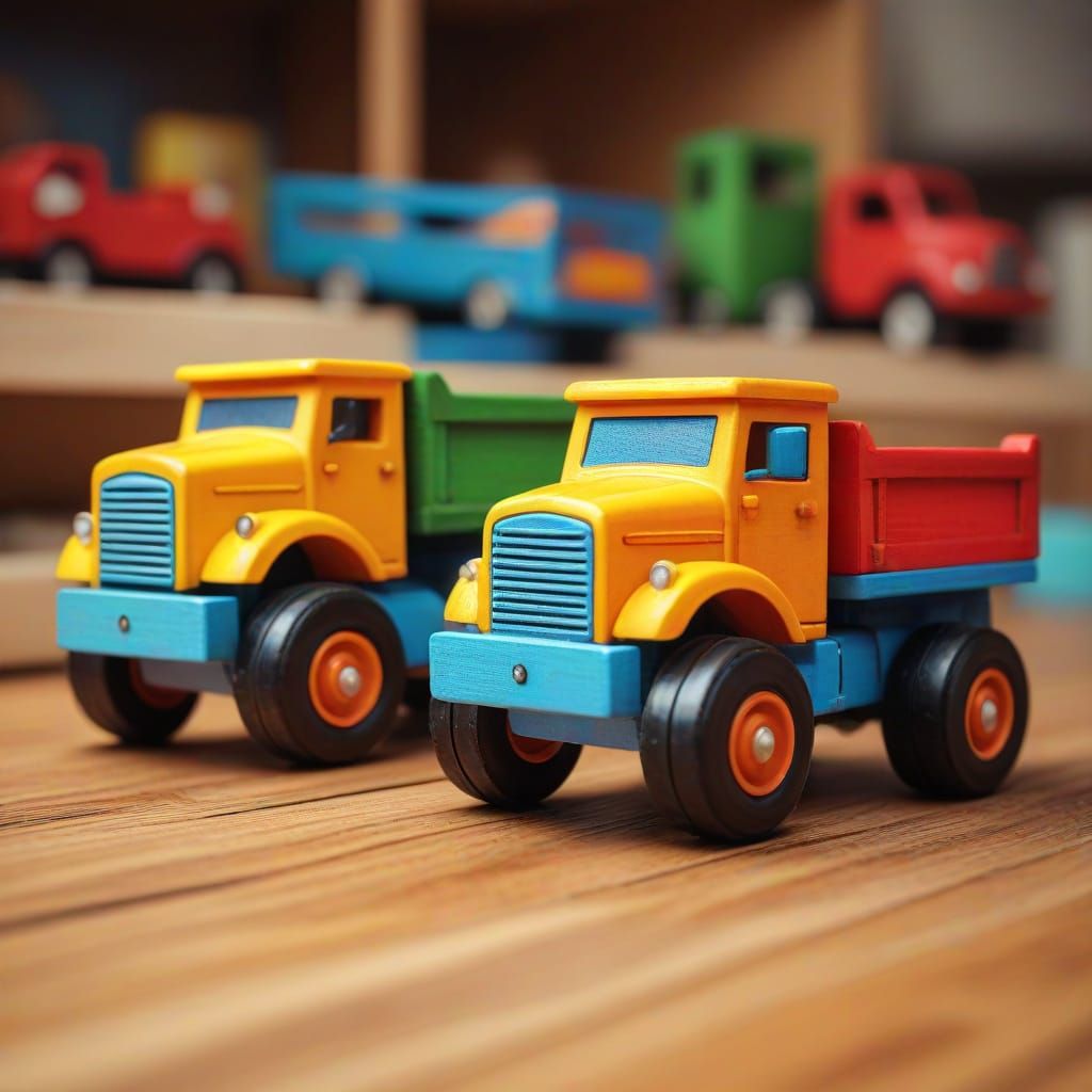 Colorful Wooden Toy Trucks on Wooden Floor