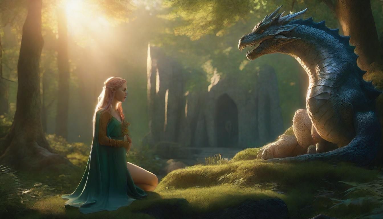 Elf Maiden and Dragon Fantasy Art