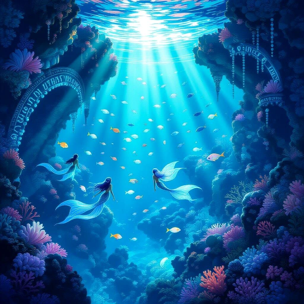 Ethereal Underwater City of Bioluminescent Coral and Merfolk