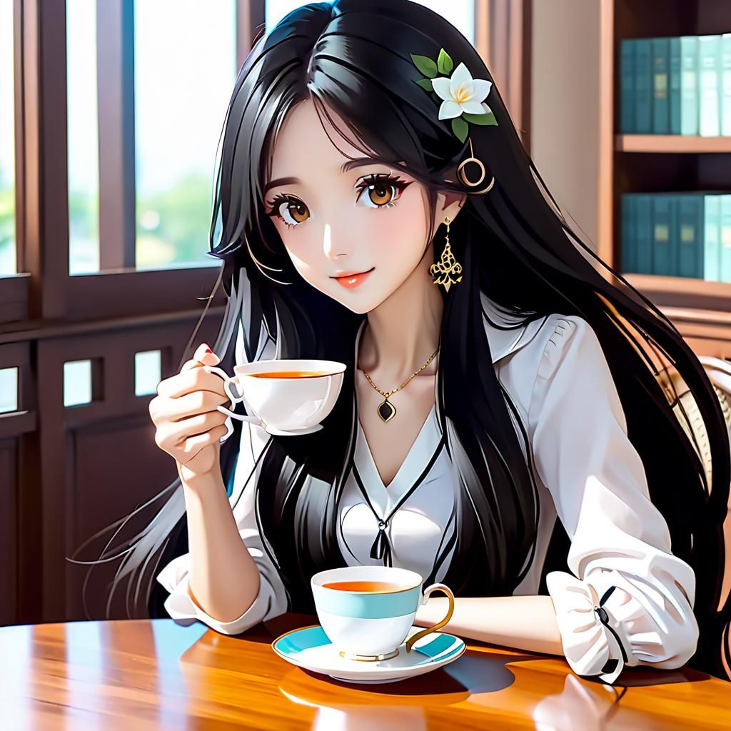 Cute Anime Thai Girl Enjoying Tea Time