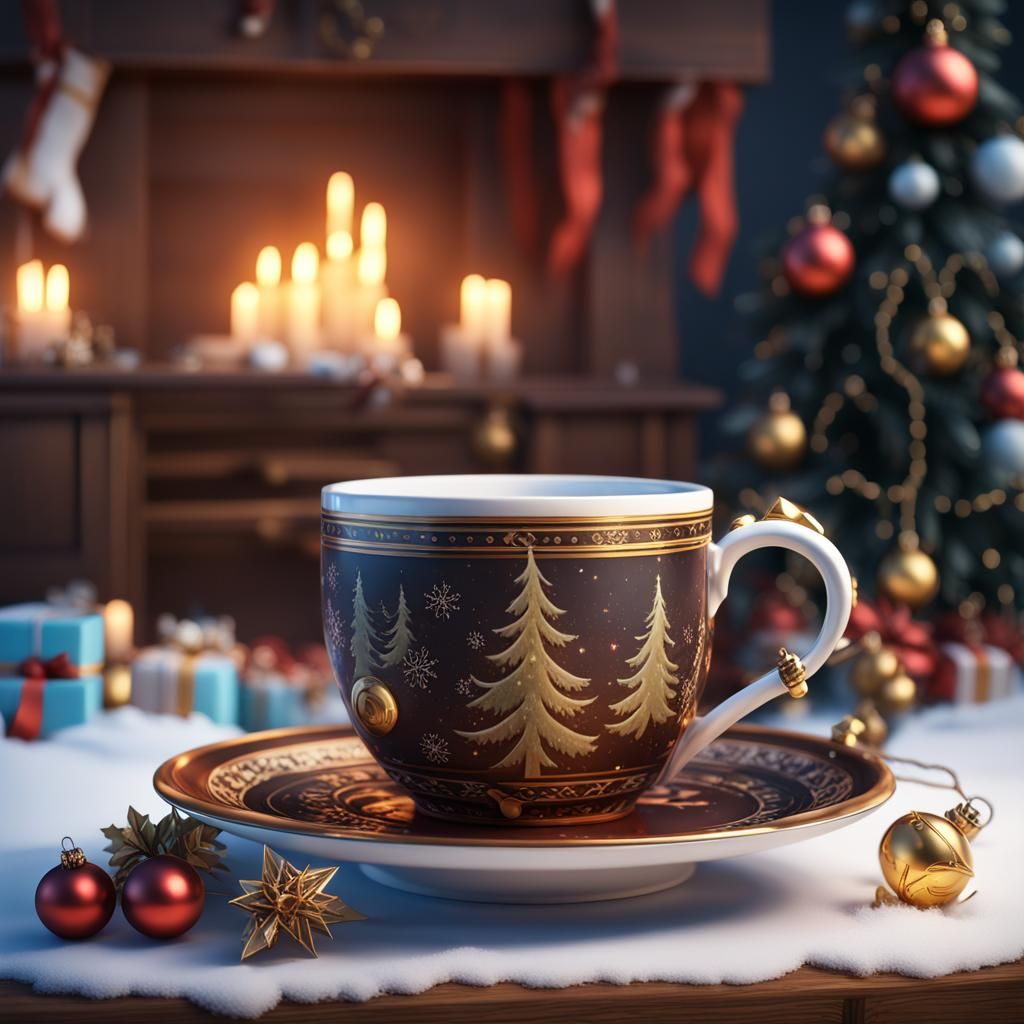 Christmas Mug with Festive Decorations in Detailed Painting