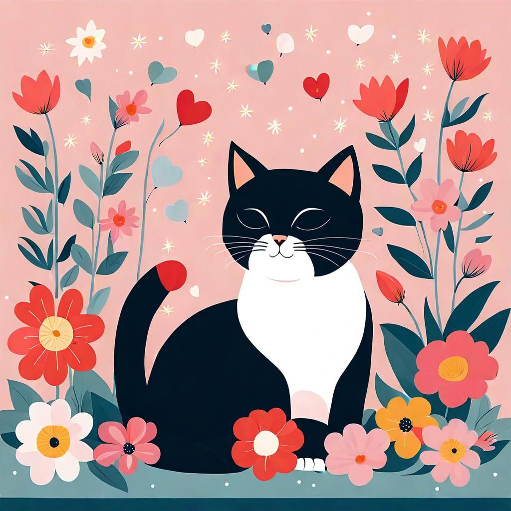 Cute Cat with Flowers in Graphic Style
