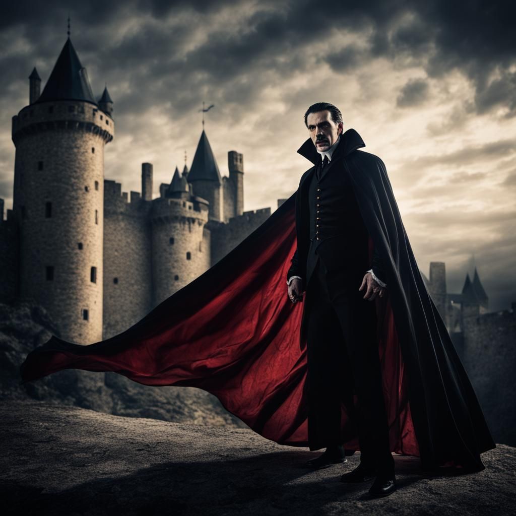 A classic portrait of count Dracula with his cape blowing in the wind.  He's standing in a castle. About to bite in to h...