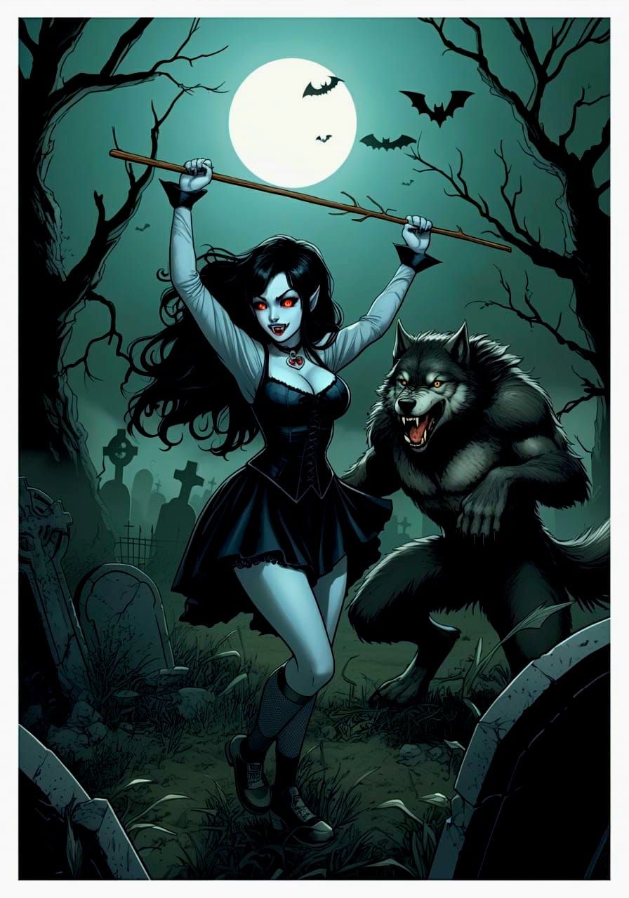 Vampiress Natalya Nightshade playing fetch with her werewolf...