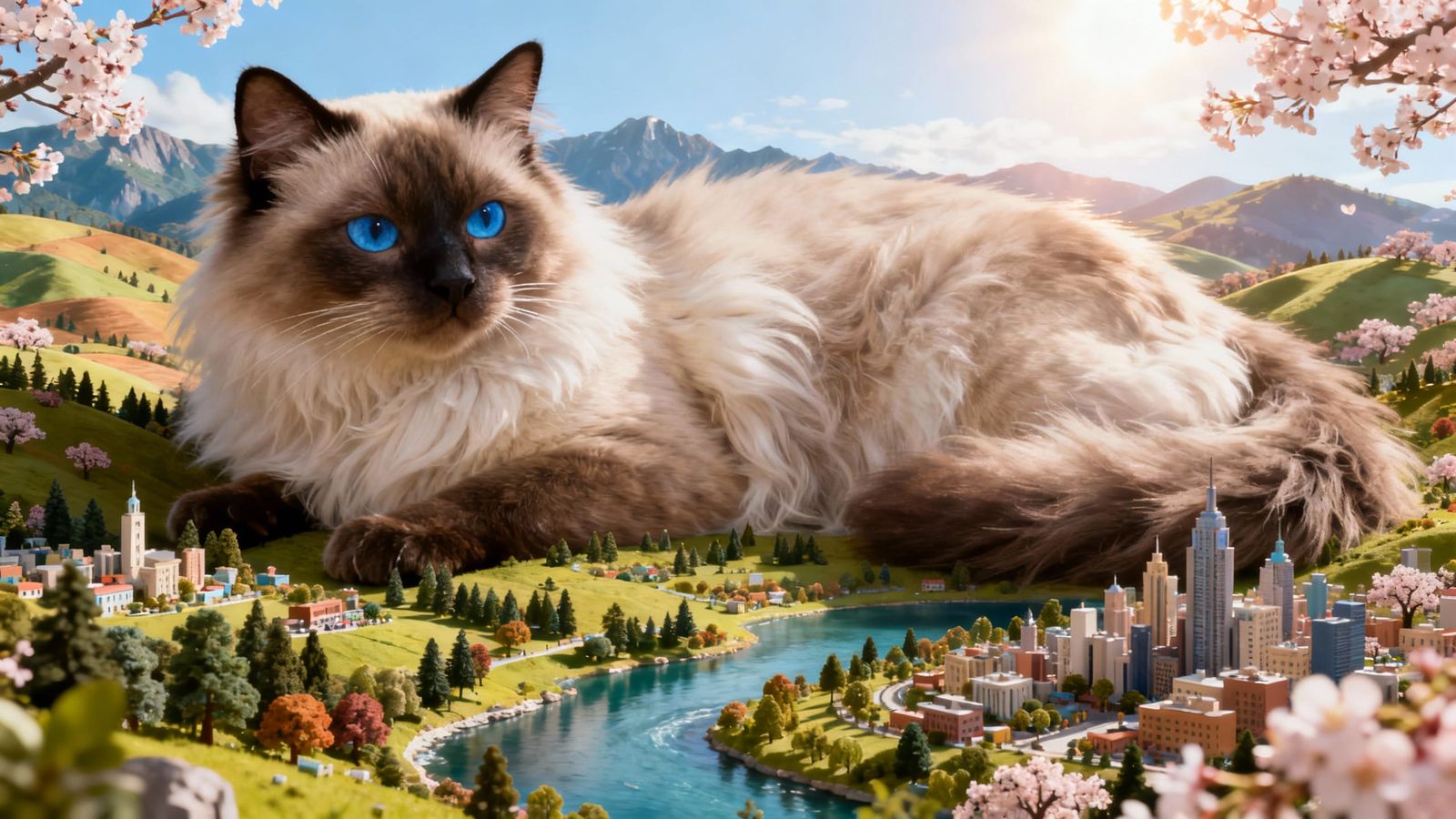 Enormous Long-Haired Siamese Cat in Dreamscape Landscape