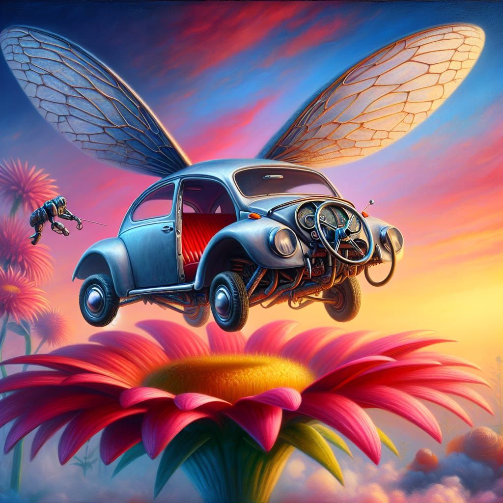 Surreal Flying Insect Car Hybrid Soars Above a Vibrant Flowe...