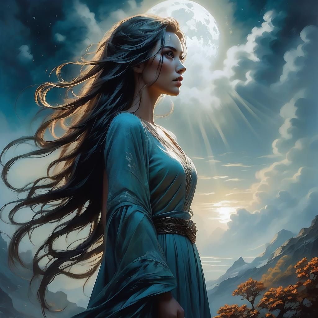 Ethereal Woman in Moonlight: Hyperdetailed Oil Painting