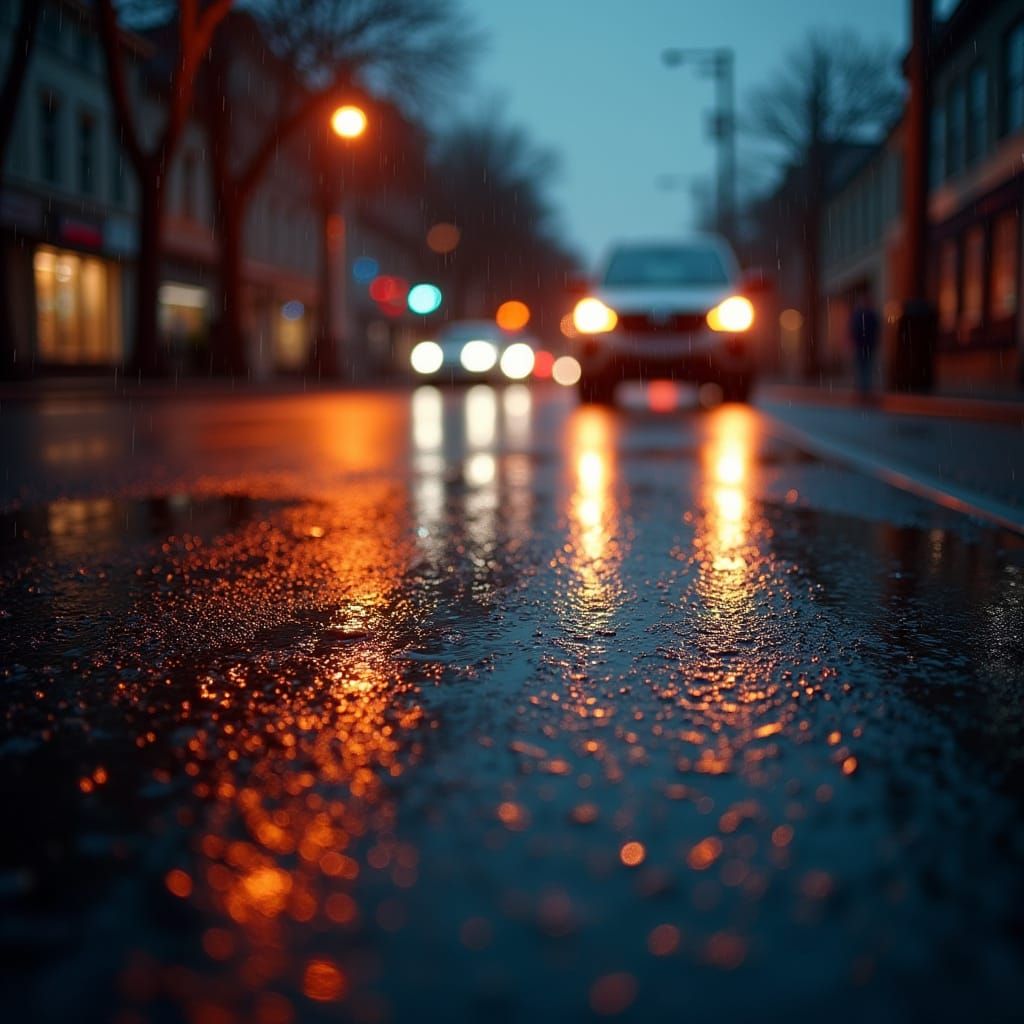 Rainy Sidewalk Reflections With Cars In Cinematic Style