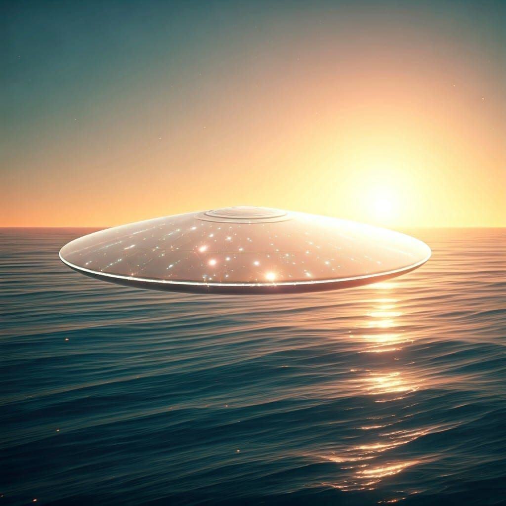 Golden Spaceship Soars Above the Azure Sea at Dawn