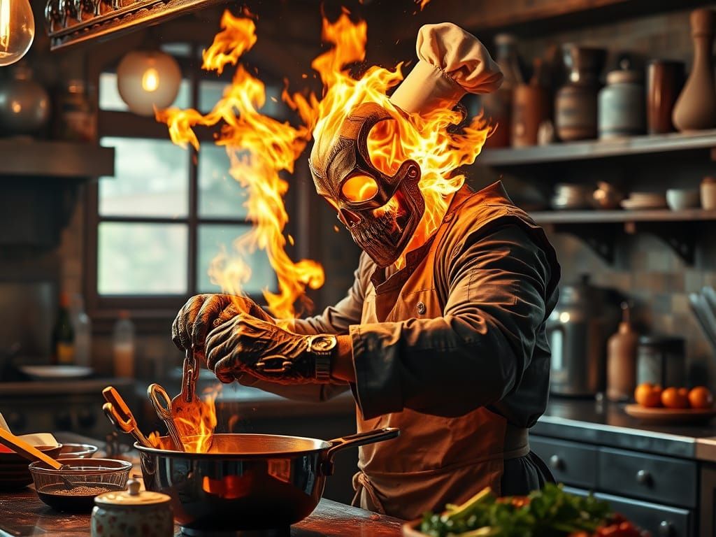 Ultra-detailed Ghost Rider cooking in a rustic kitchen, wearing a chef's hat and apron, fiery chains as cooking utensils...