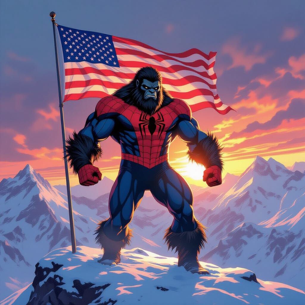 Bigfoot Spider-Man on Snowy Peak, Heroic Pose