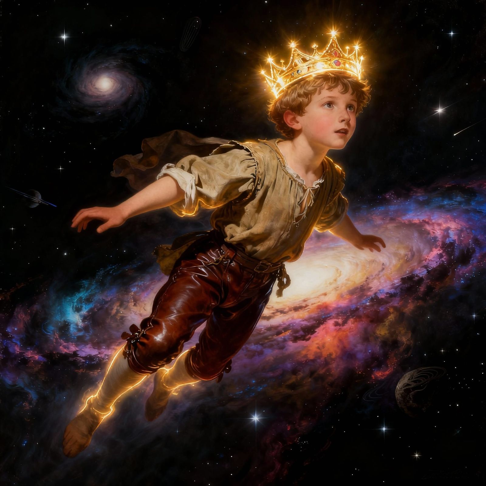 Glowing Boy Soars Through Starry Space
