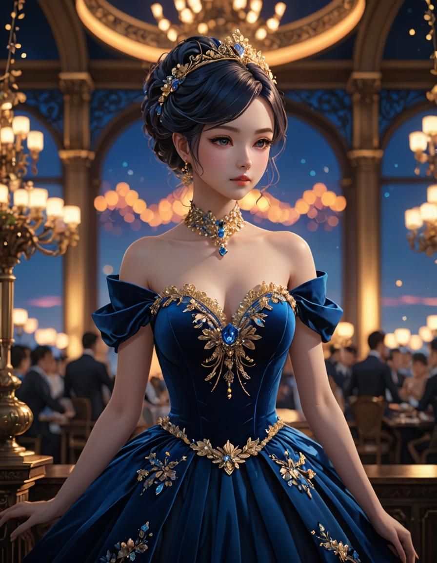 Velvet Blue Gown Suit in 3D Anime Art