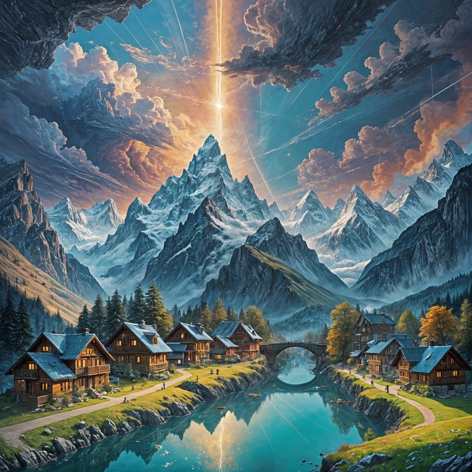 Dreamlike Swiss Alps Landscape with Floating Villages and Ea...