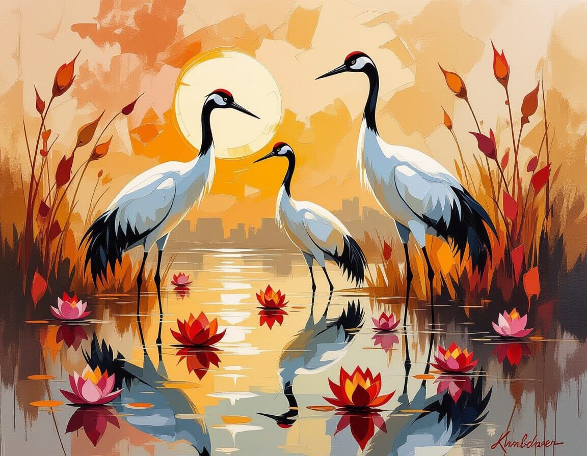 Cranes and Lotuses: Impasto Watercolor Painting