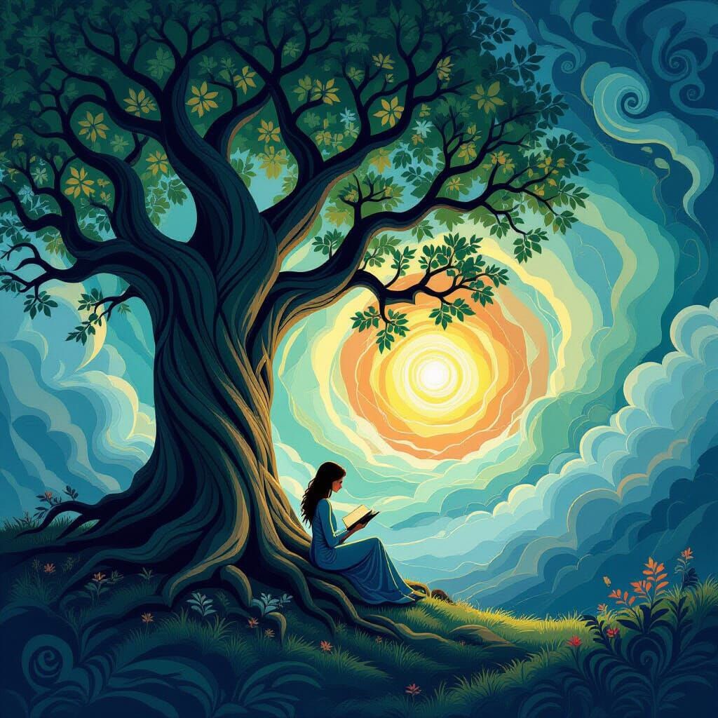 Mythical Tree with Woman Reading in Ethereal Glow