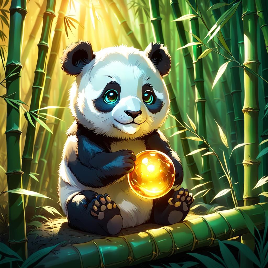 Baby Panda with Glowing Orb in Mystical Forest
