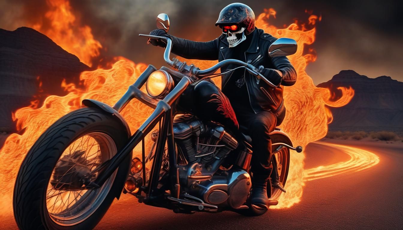 Flaming Skull Biker on Desert Road