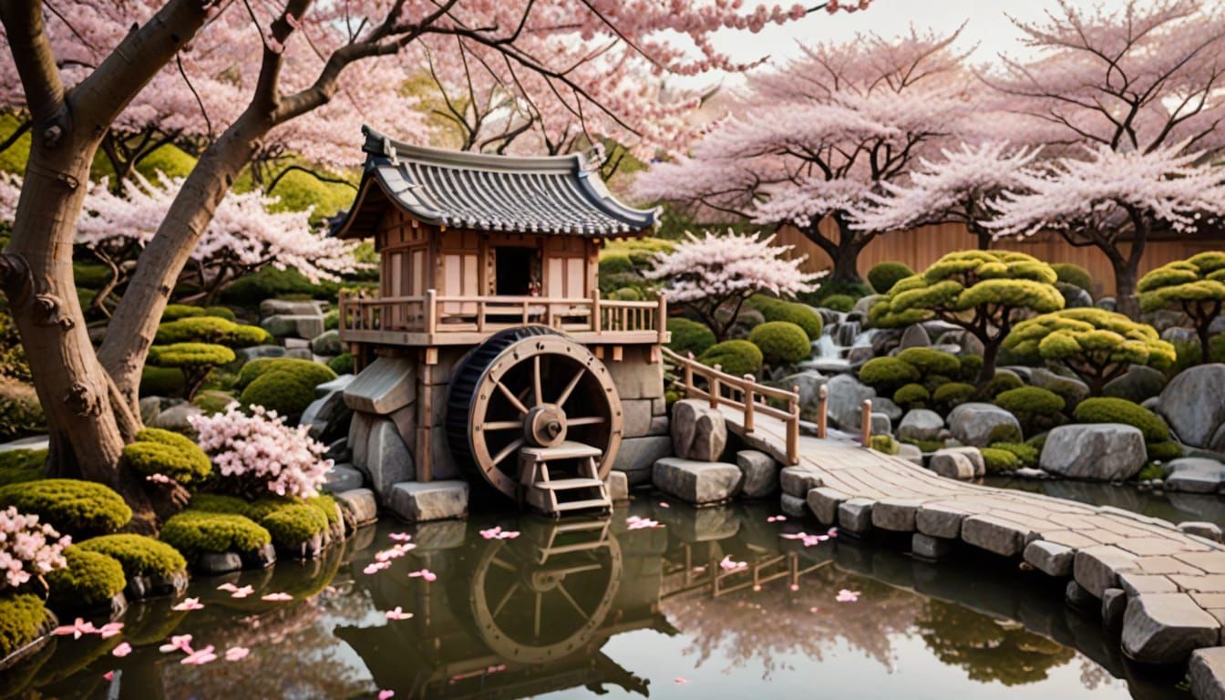 A small wooden waterwheel spinning beside a tranquil koi pon...
