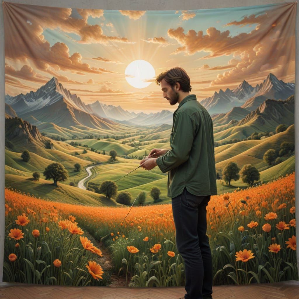 Surreal Weaver Embroidering a Tapestry Landscape