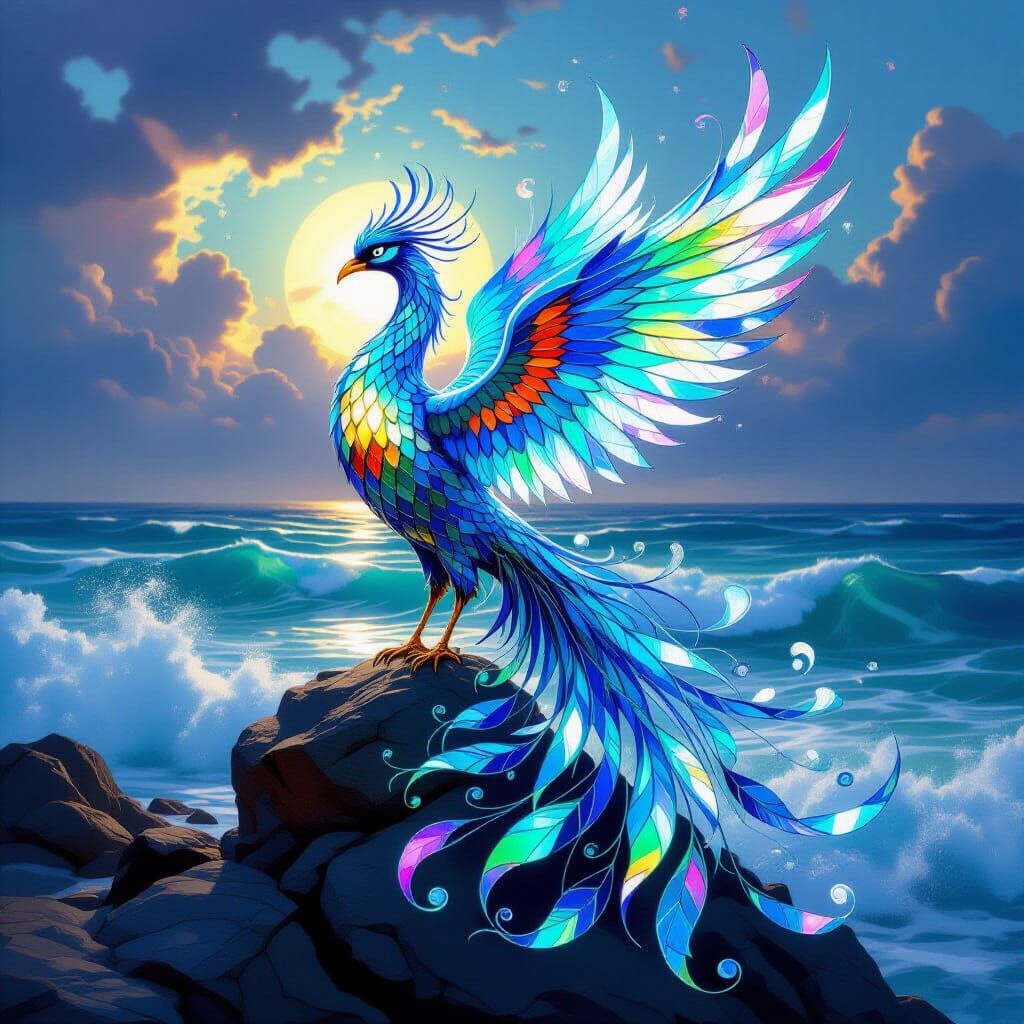 Sea Glass Phoenix Ascends Over Turbulent Ocean