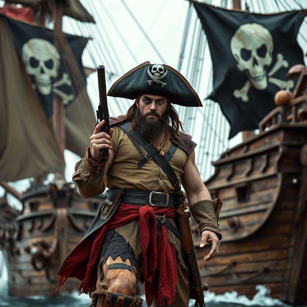 Pirate Captain on Ship in Gritty Cinematic Style