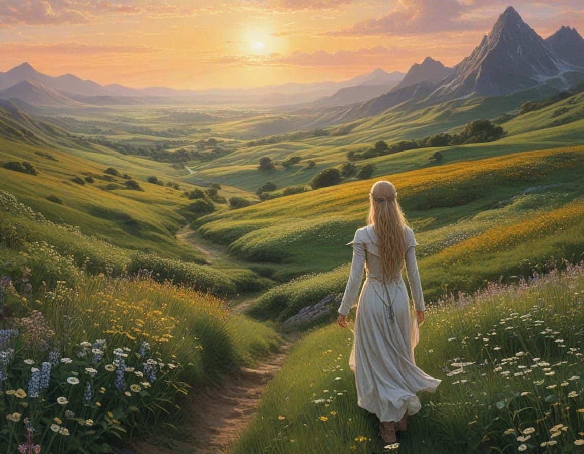 Elven Maiden in Sunset Wildflower Fields of Tumladen