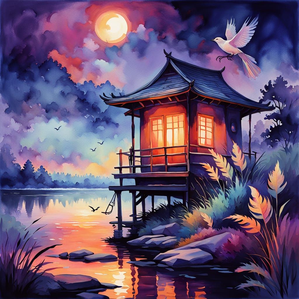 Enchanting Nightingale Plays on Misty Lake: Fauvist Watercol...