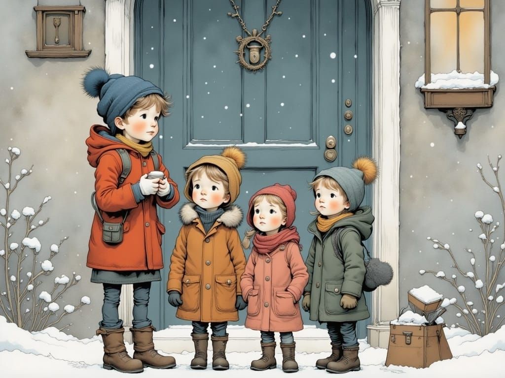 Children Stand in Winter Doorway as Snowstorm Rages Outside ...