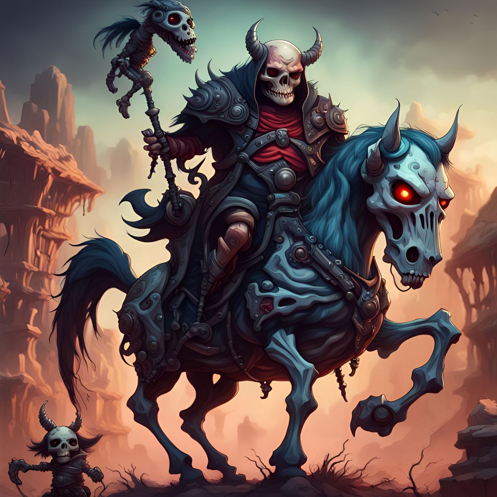 Chibi Demon Rides Skeleton Horse: Digital Illustration