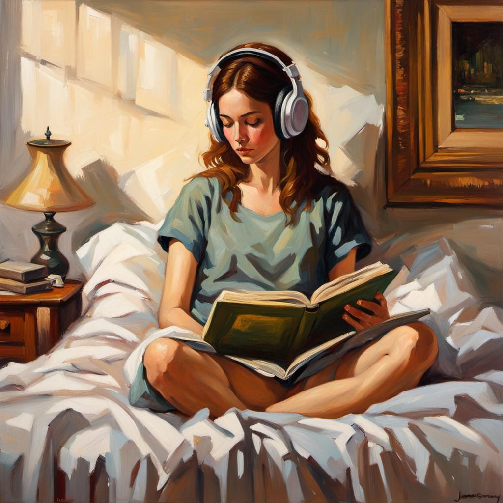 Girl Listening to Music: Aesthetic Oil Painting