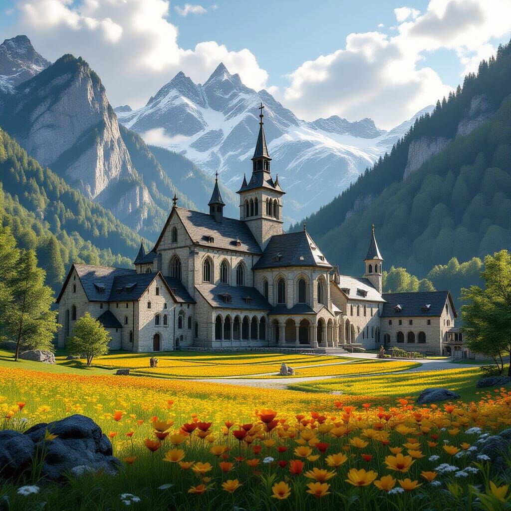 Medieval Monastery in Mountains: Fantasy Art