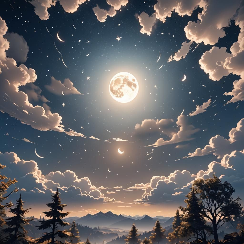 Papercut Moon and Stars in Heavenly Sky