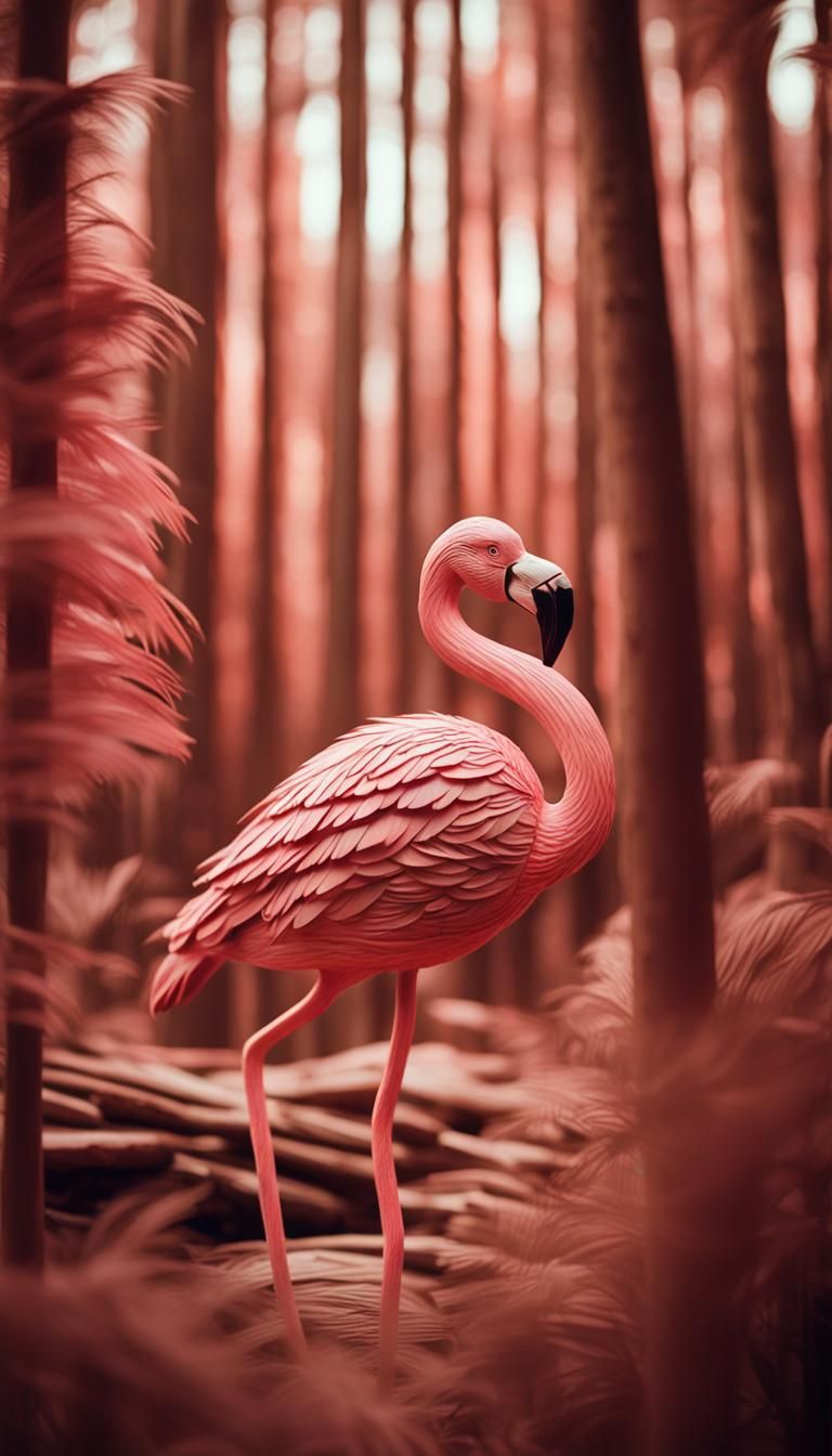 Flamingo Sculpture in Wooden Forest: Cinematic Film Still