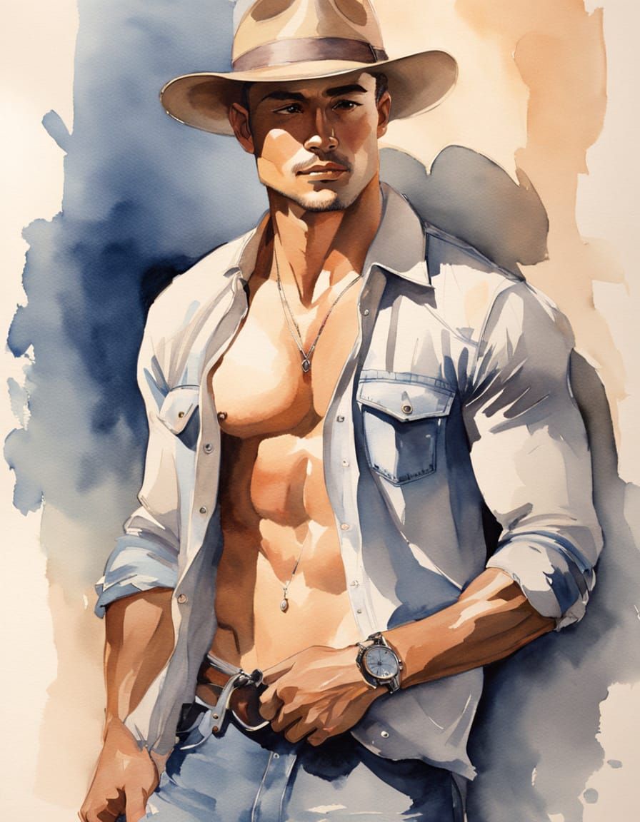 Muscular Men in Denim Walking Together in Watercolor