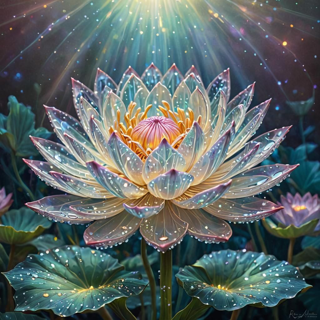 Fantasy art of a crystal lotus flower under magical light