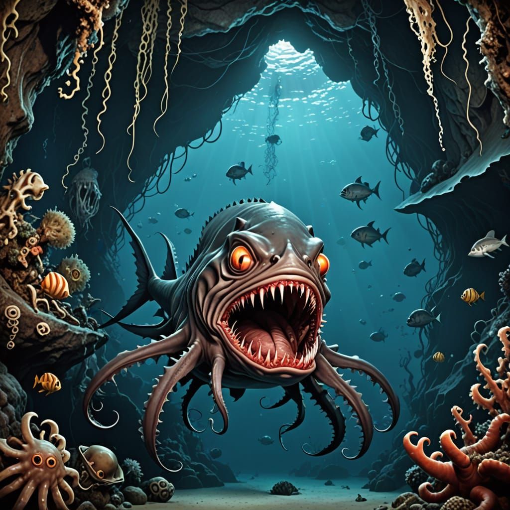 Dark Depths in an Underwater Cave: Monstrous Sea Creatures L...