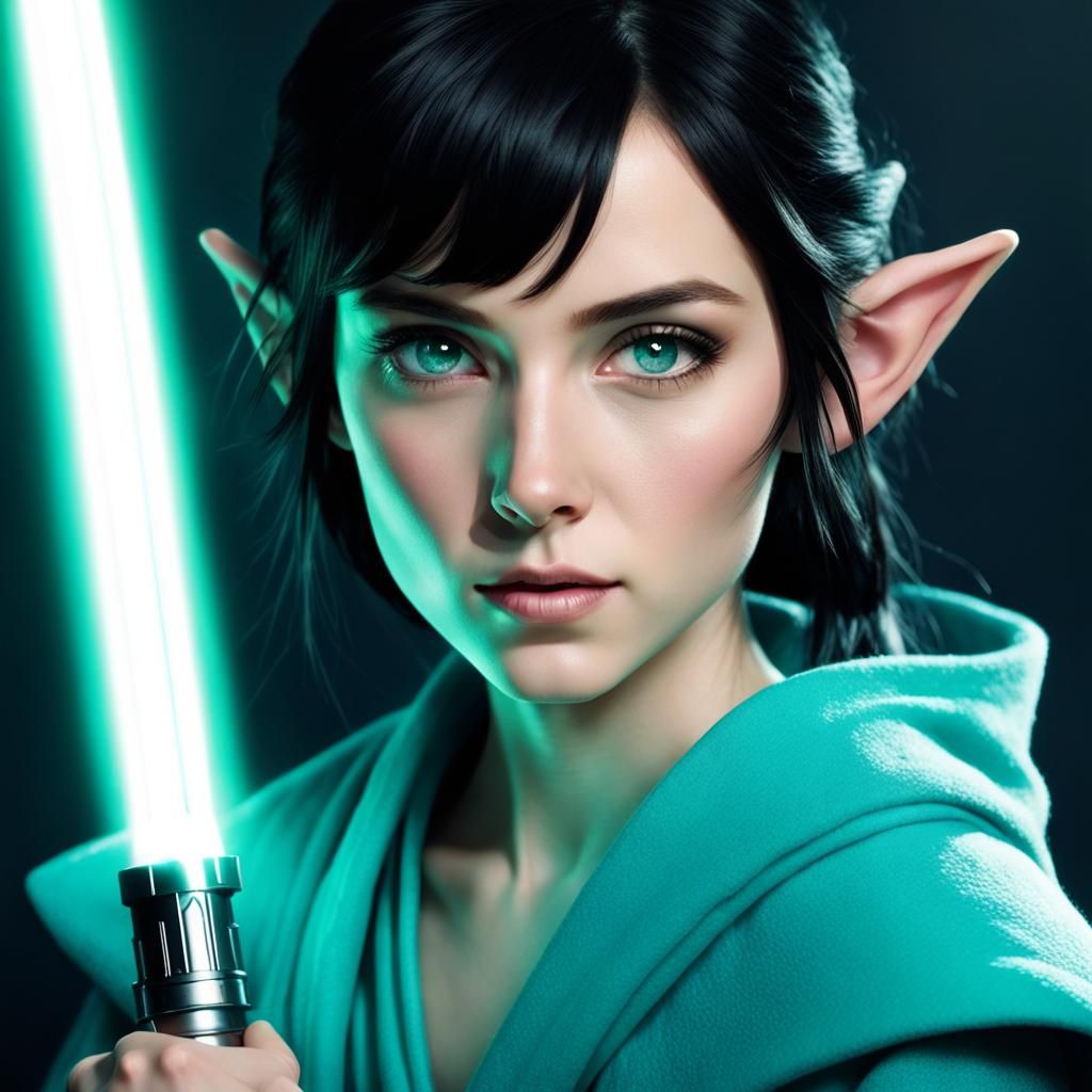 Elf Jedi Knight with White Lightsaber