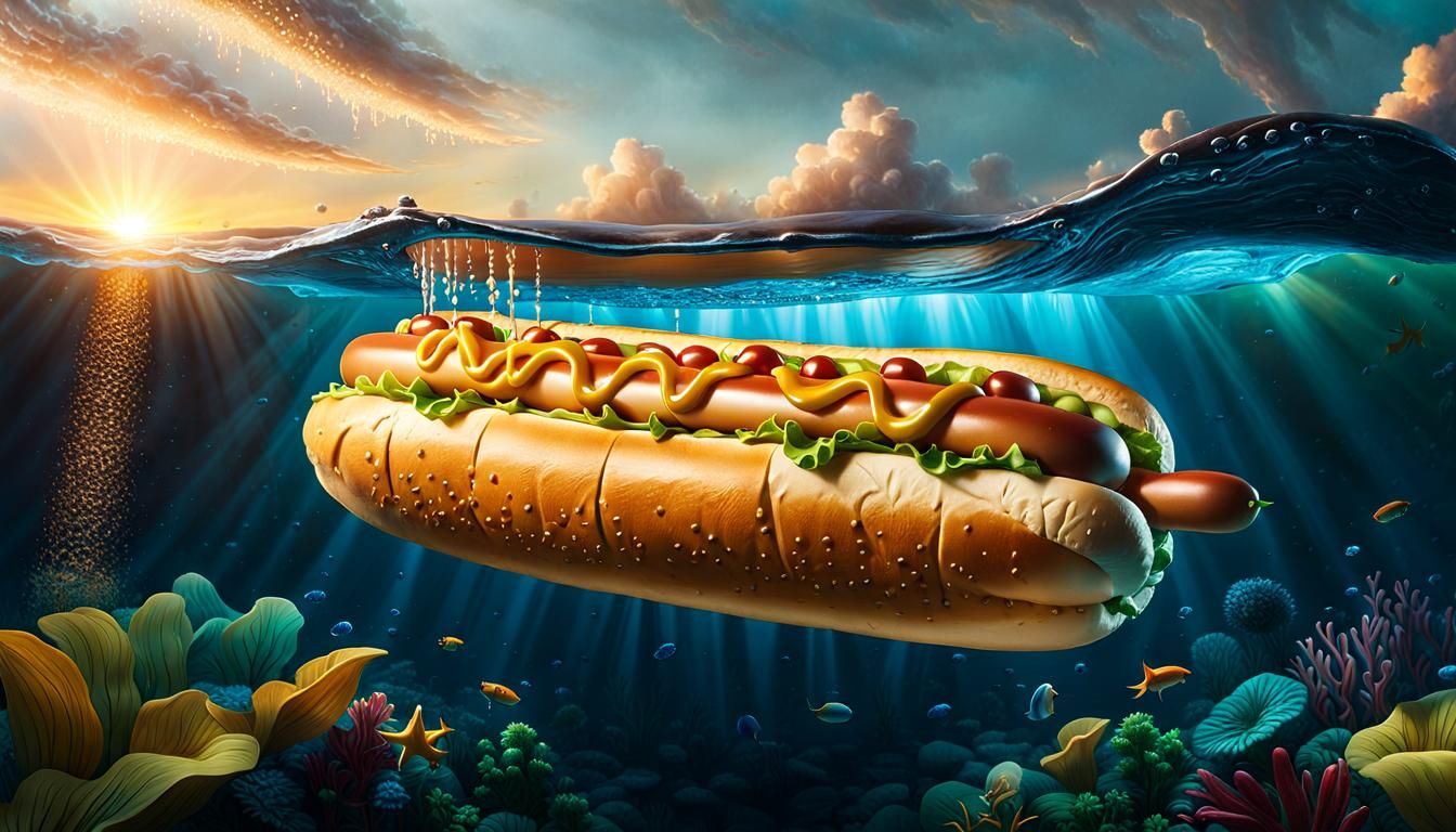 Giant Hot Dog Submarine in Deep Sea: Cinematic Still
