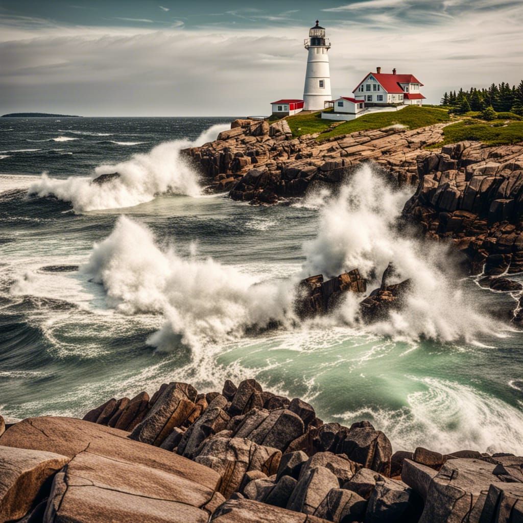 Maine Coastline: Lighthouse and Crashing Waves